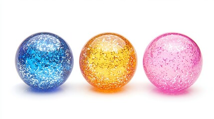 Obraz premium Colorful glitter balls in blue, orange, and pink on a white background