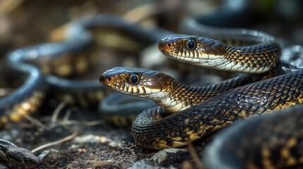 Fototapeta premium A group of snakes slithering across a forest floor