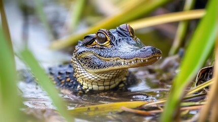 Fototapeta premium Close-Up of a Curious Young Alligator in Wetlands