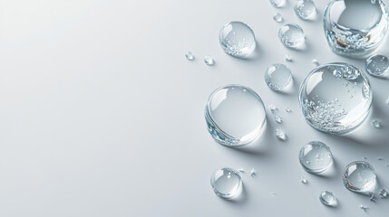 Water drops of transparent gel serum on a gray background. The serum's clarity and texture are highlighted by the droplets, creating a clean and fresh appearance that emphasizes the product's purity 