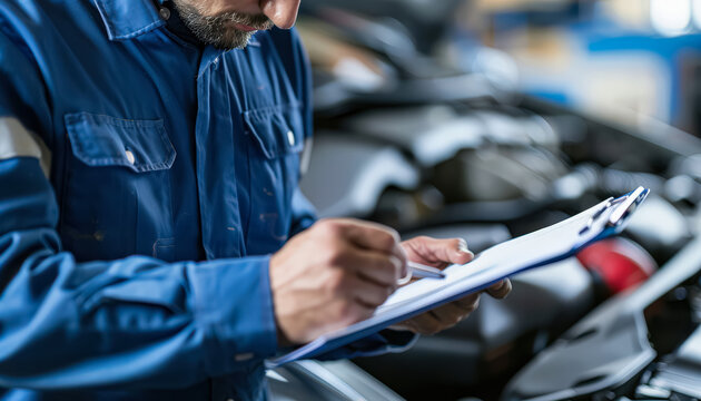 A mechanic is writing on a clipboard while inspecting a car engine. The clipboard is filled with notes and the mechanic appears to be focused on the task at hand