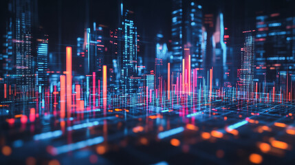 Obraz premium Smart digital city with connection network that is at the cutting edge of innovation in technology and business with bright, modern skyscrapers. Backgrounds for technology and charts and graphs
