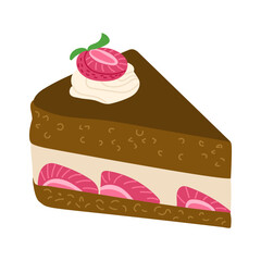 Piece of chocolate cake with strawberries and whipped cream in flat style. Vector flat birthday illustrations isolated on white background. Good for decoration, sticker and logo. Birthday concept