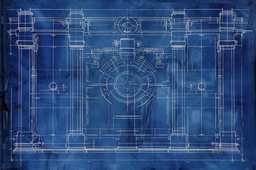 Blueprint drawing showcasing the design of a building featuring prominent columns, Minimalist blueprint layout emphasizing clean lines and symmetry