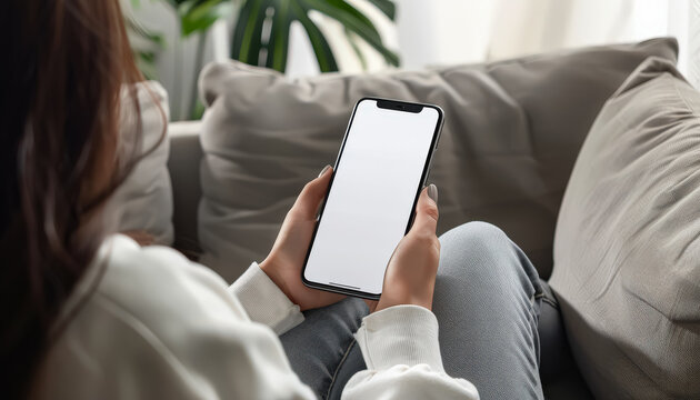 A woman is sitting on a couch holding a cell phone. The phone is white and has a black screen. The woman is focused on her phone, possibly checking messages or browsing the internet