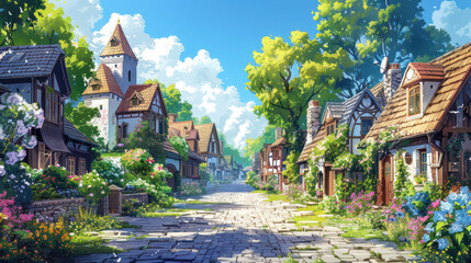 Fototapeta premium Picturesque village street with charming cottages and lush gardens on a sunny day. Fairy tail village