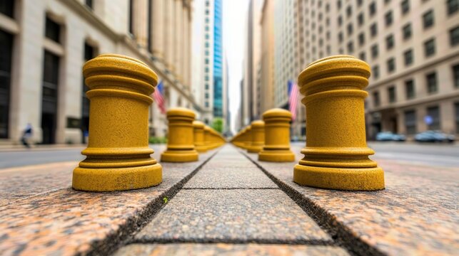 Vibrant yellow bollards line a city street, guiding pedestrians and enhancing urban safety amidst towering buildings. - Powered by Adobe