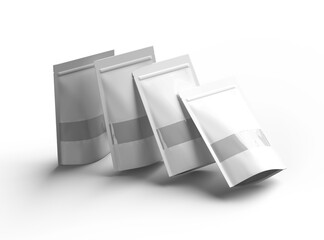 Render of a long glossy doypack with the window hole on a transparent background