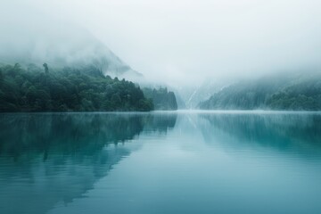Fototapeta premium A body of water enveloped by trees with mist floating above its surface, Mist dancing above the glassy surface of a tranquil lake