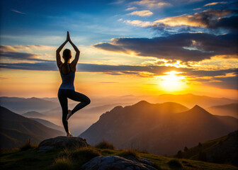 Fitness girl on the background of mountain landscape doing yoga, sunset, beautiful sky