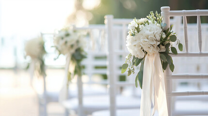 Wedding chairs adorned with white ribbons and delicate bouquets, creating an elegant motif perfect for weddings and event planning inspirations. Photo