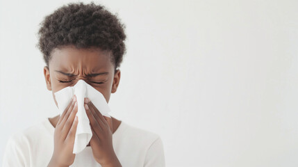 Boy using a tissue to sneeze, set against a simple white background, symbolizing cold or allergy relief in a clear and straightforward setting. Photo