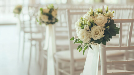 Charming wedding chairs with white ribbon bows and floral bouquets, ideal for illustrating wedding themes and decorations for wedding planners. Photo