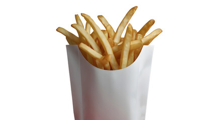 French fries bursting out from white paper box.
Empty and blank white carton package box for French potato fries, isolated PNG 