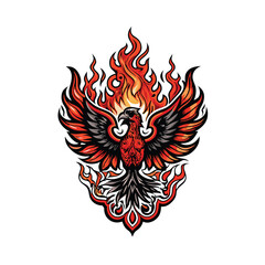 A phoenix bird with red and black feathers rising from flames.