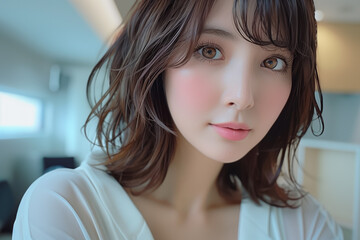 自宅で自撮りをする30代の綺麗な女性