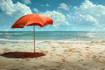 Two beach chairs are set up on the sand, with a white umbrella providing shade. The scene is peaceful and relaxing, with the ocean in the background and the sun shining through the umbrella