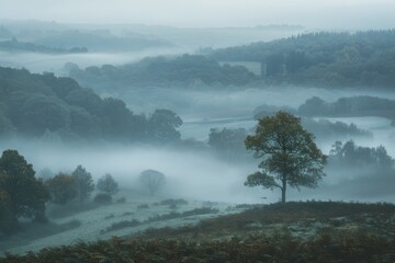 A foggy landscape with a single tree in the foreground under misty skies, Misty mornings and crisp air