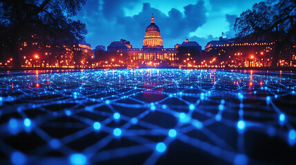 "G2B" displayed on a background of a government building with digital connections flowing to various businesses in the foreground