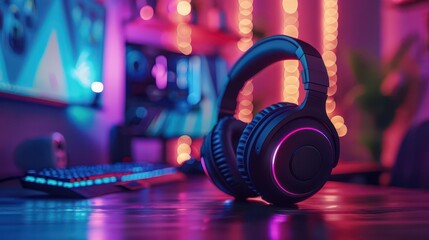 Modern gaming setup with rgb headphones, keyboard, and neon lighting in a stylish room