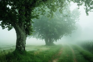 A foggy field with two trees and a dirt path on a misty morning, Misty mornings shrouded in a soft blanket of fog
