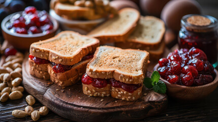 Delicious peanut butter and jelly sandwich with fresh fruit on wooden board