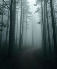 Fototapeta premium Deserted path in a forest covered in fog