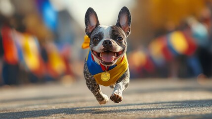Joyful French Bulldog Wearing a Colorful Scarf Running in a Festive Street Celebration