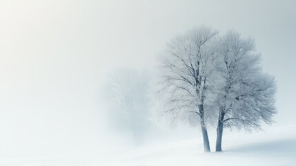 Frost-covered trees in a misty winter landscape