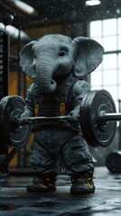 Fototapeta premium Cute Anthropomorphic Elephant Lifting Weights at the Gym: Adorable Cartoon Showing Strength and Determination