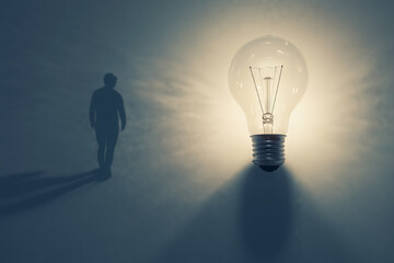 A creative representation of the mind's journey through thoughts and ideas illuminated by a glowing light bulb
