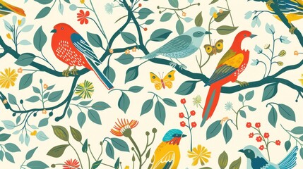 A variety of colorful birds rest among botanicals with butterflies in a detailed floral design