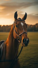 Obraz premium Majestic Horse Portrait at Sunset in Scenic Field - Equestrian Beauty