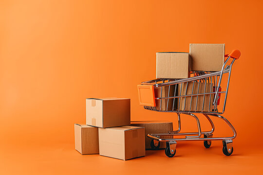 A shopping cart is full of boxes and is on a bright orange background. The cart is a symbol of the consumerist culture and the idea of shopping for material goods