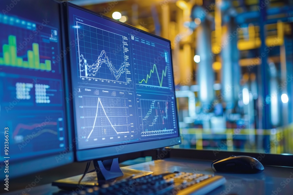Poster A computer monitor placed on top of a desk in a room, Monitor and analyze energy output data to ensure system is functioning at peak performance