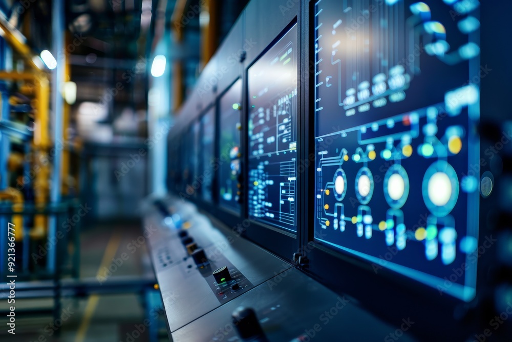 Poster a wide array of electronic equipment showcased in a factory setting, monitor and analyze energy outp