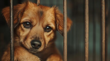 Sad dog behind bars in a shelter