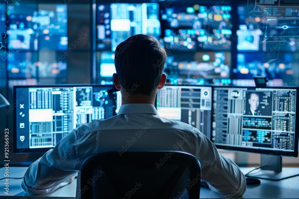 Poster a man sitting at a desk, monitoring network activity on two computer monitors, monitoring network ac