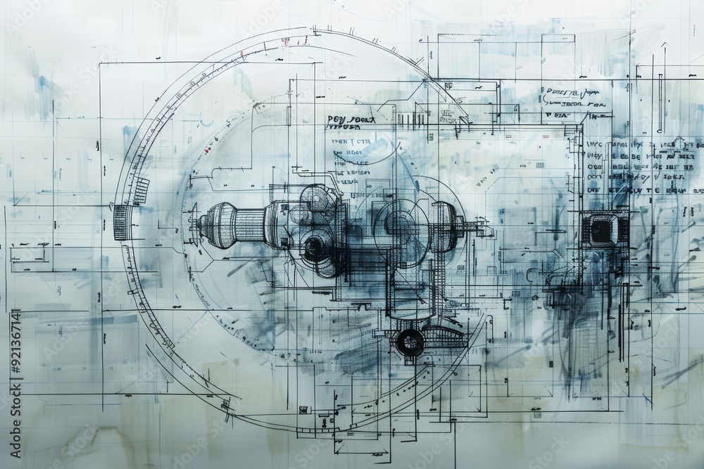 Poster intricate monochromatic blueprint sketch of a highly-detailed machine with technical annotations, mo