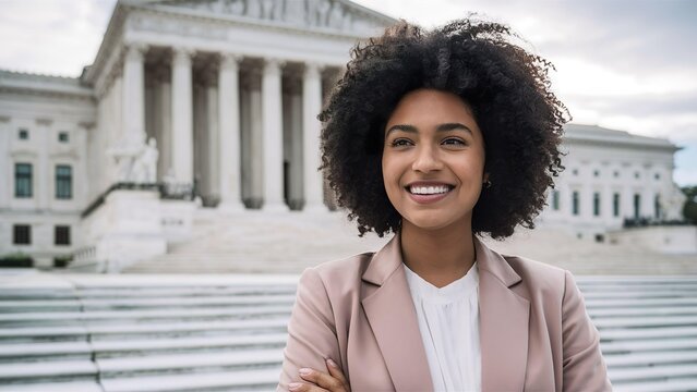 A confident young professional black African woman with curly hair, smiling warmly while standing outside of parliaments office.