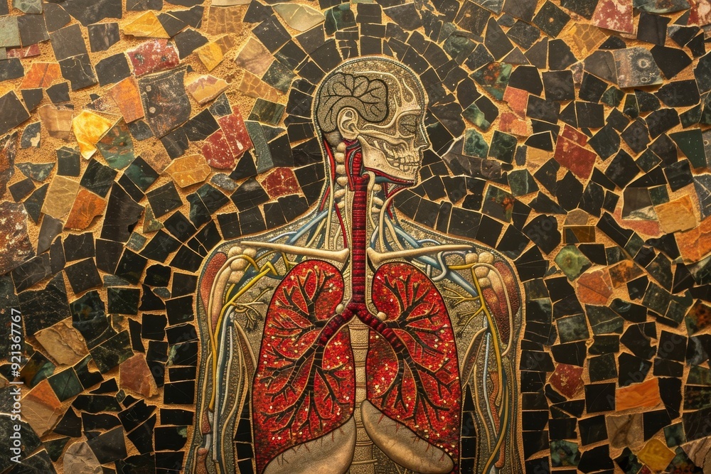 Canvas Prints Painting of a human body set against a mosaic background, showcasing intricate details and vibrant colors, Mosaic-style representation of the body incorporating intricate red lung details