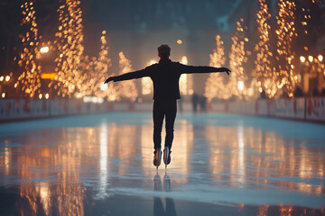 Fototapeta premium A young man performing elegant figure skating under twinkling lights at a winter rink