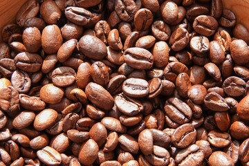 Un tas de grains de café à la lumière du soleil