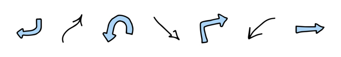 Set of curved hand drawn arrow icons in blue isolated on white background. Concept of navigation, direction, and movement. Illustration. Design elements and symbols.