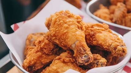 A plate of golden-brown, deep-fried chicken pieces on red and white checkered tablecloth. The skin is crispy with an attractive sheen