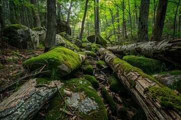 A dense forest filled with green moss covered trees, rocks, and fallen logs, Moss-covered rocks and fallen logs