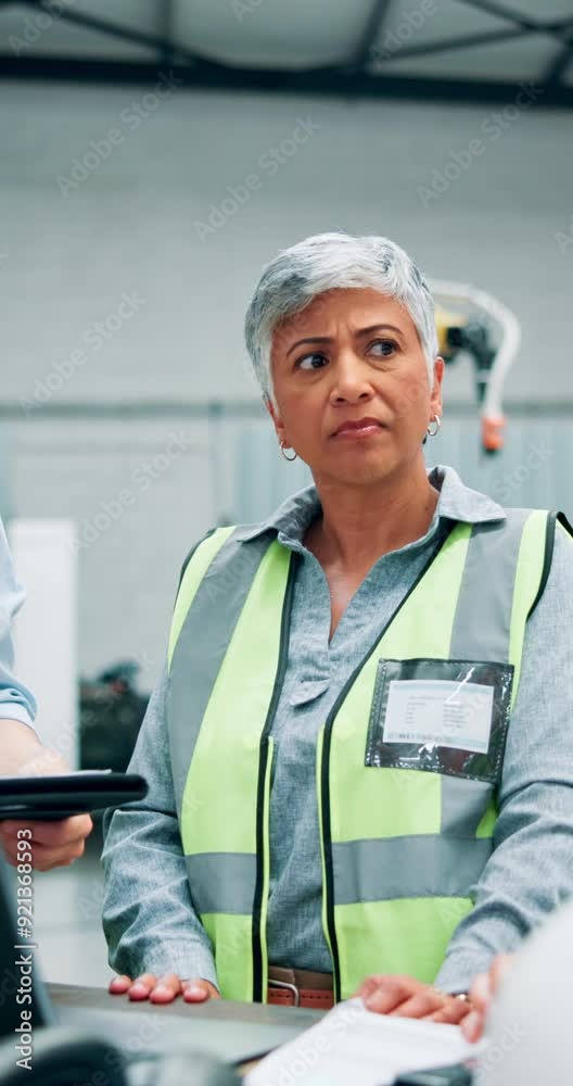 Aufkleber Team, engineer and woman problem solving in factory for manufacturing, production challenge or question. Group, discussion or mature warehouse manager confused with robotic automation error or glitch