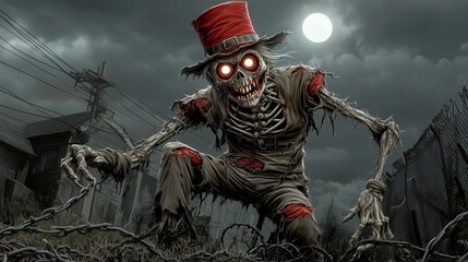 Fototapeta premium Sinister skeleton in a red top hat emerging from chains in a spooky moonlit Halloween scene.