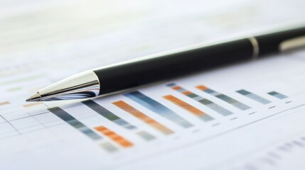 Close-up of a pen on a financial report with bar graphs