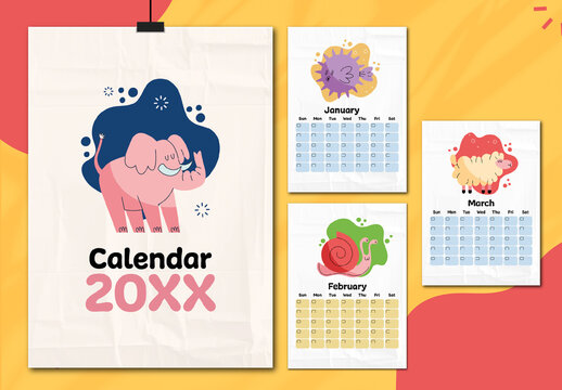 Colorful Cute Animal Illustrated Calendar Template